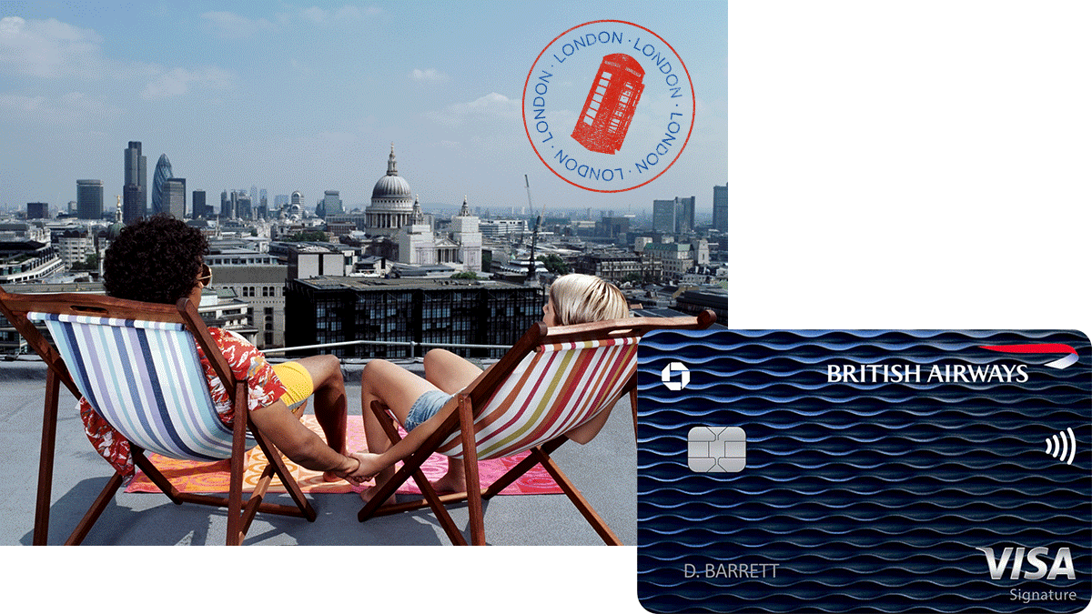 A couple sitting on a roof top enjoying a skyline view of London