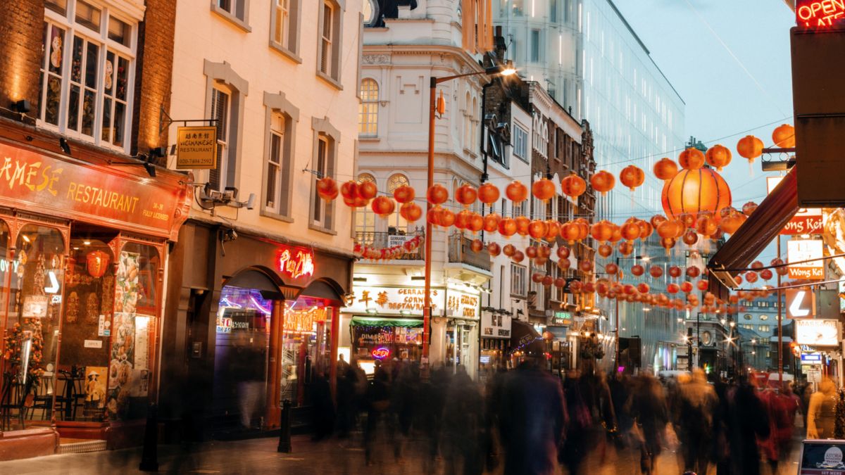 Busy street in London Chinatown.