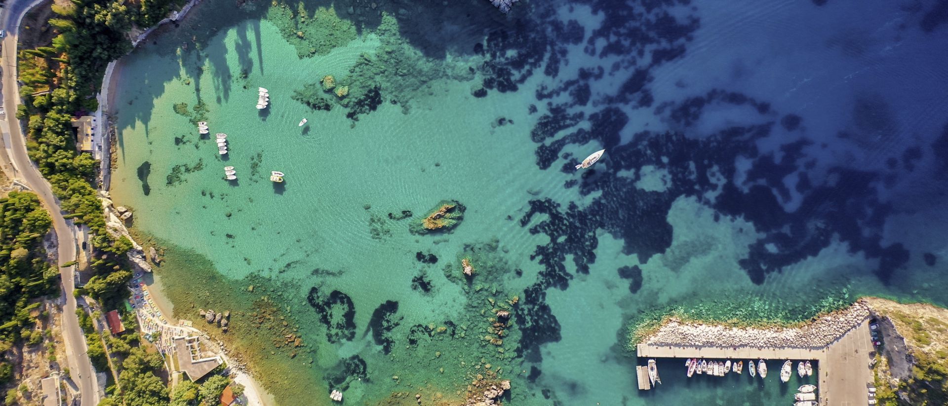 Aerial view of Greek island coast.