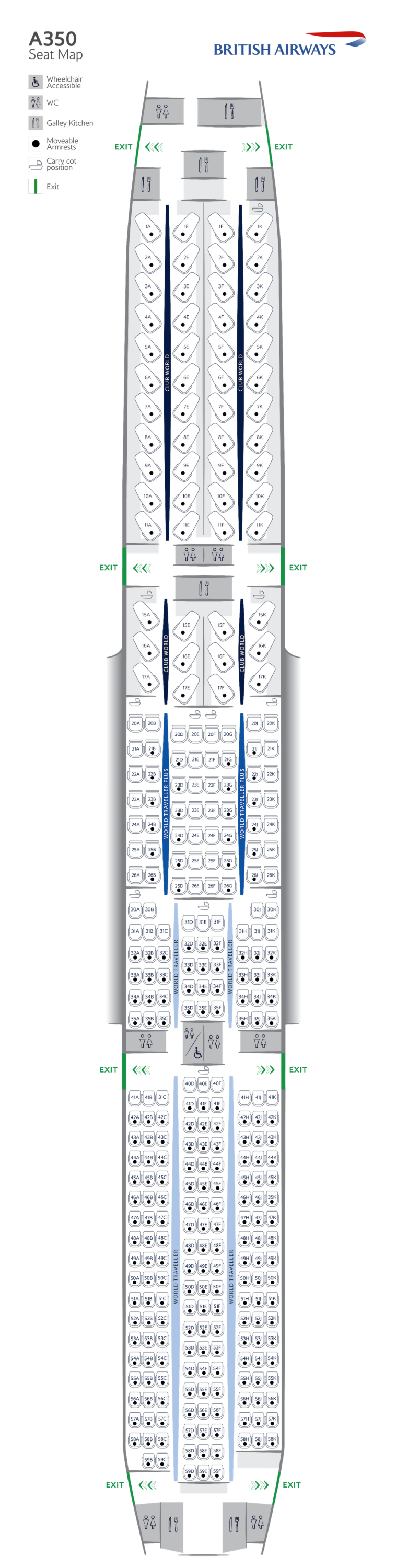 ブリティッシュ・エアウェイズ（British Airways）エアバス350のシートマップ。
