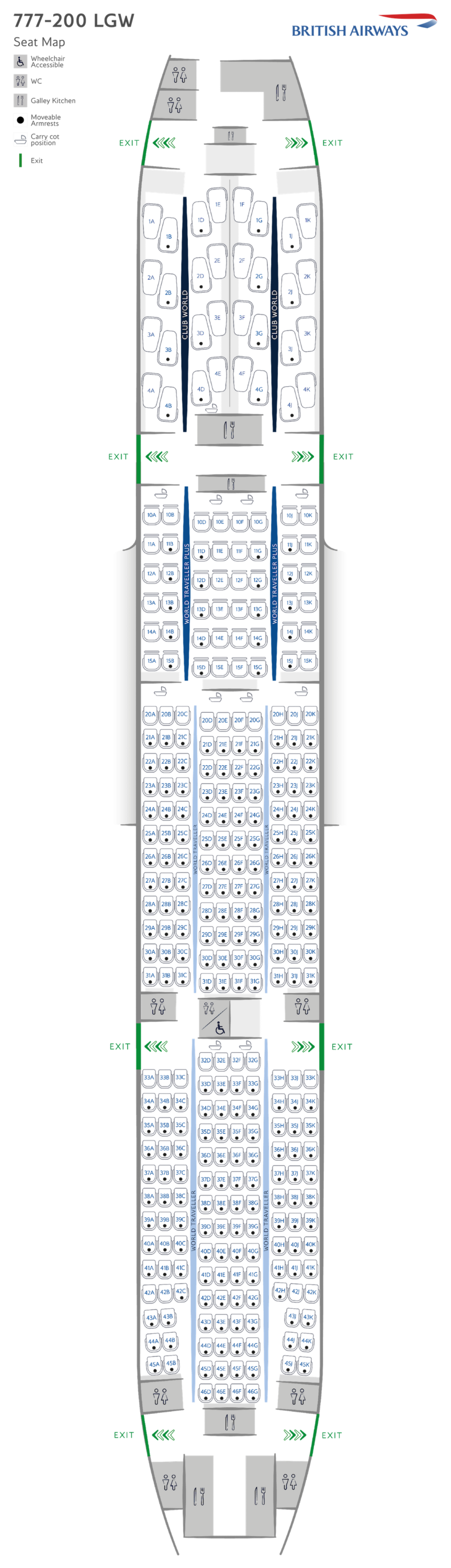 ブリティッシュ・エアウェイズ（British Airways）ボーイング777-200 LGWのシートマップ。