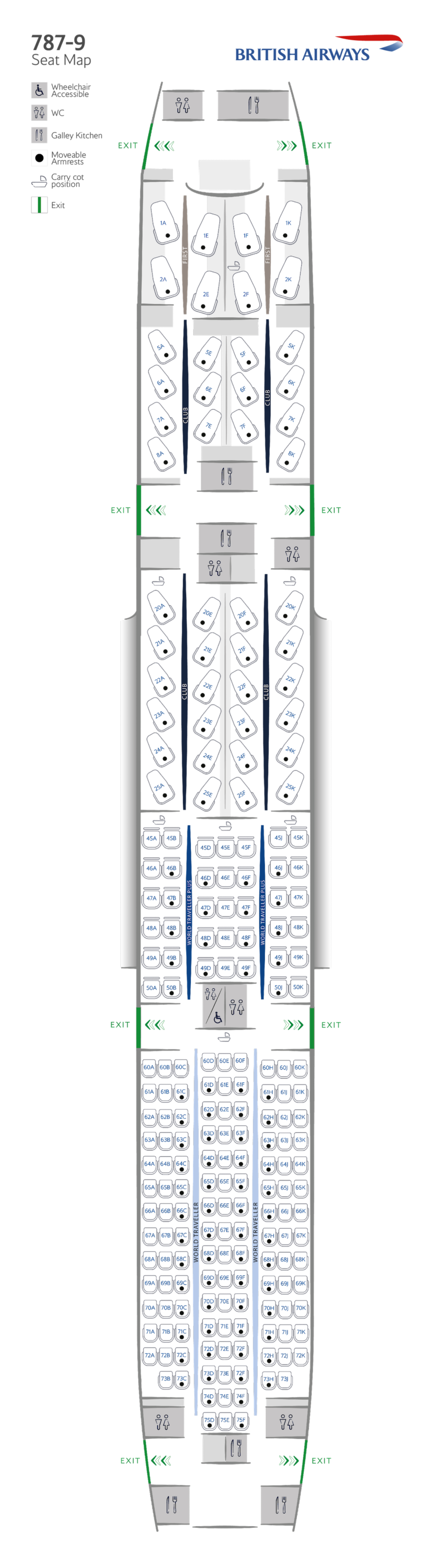 Boeing 787-9 full plane seat map with Club Suite.