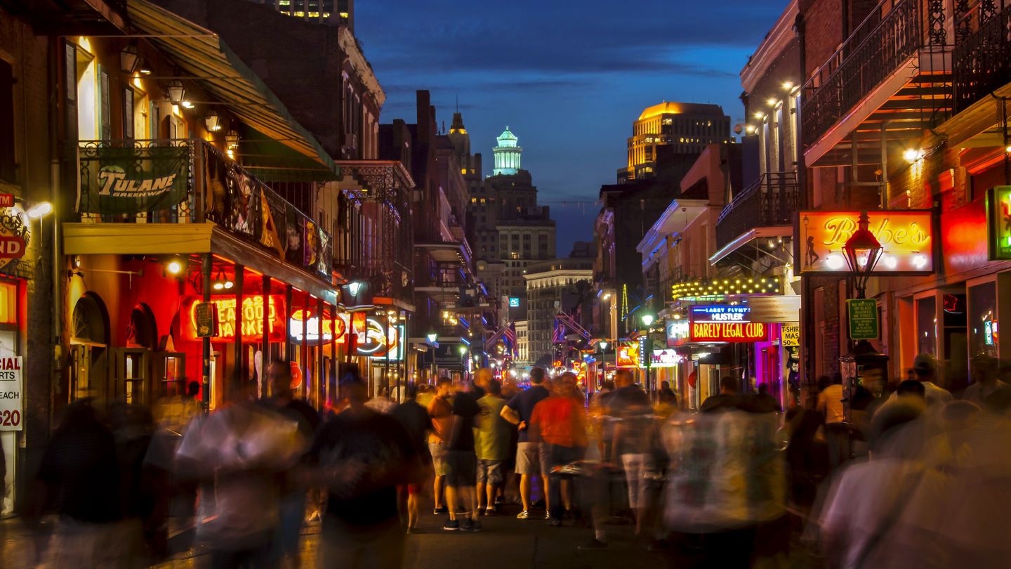Pedestrian friendly Bourbon Street is lined with clubs and bars in New Orleans, Louisiana.