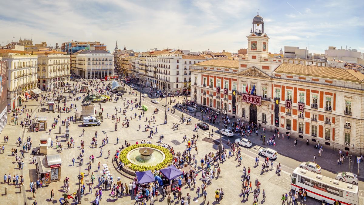 Crowded Puerta del Sol square in Madrid, Spain.