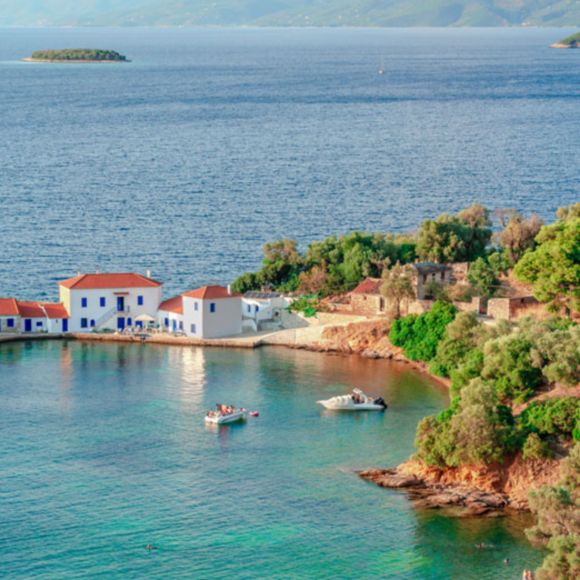 Panoramic view of Tzasteni beach in the Pagasetic gulf, Greece, linking to BA High Life site.