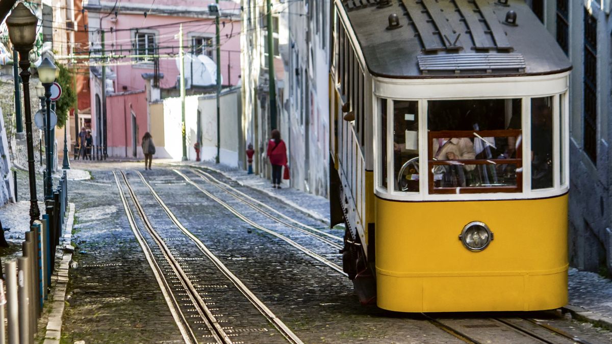View of the famous lift of vintage electric tram Glória Funicular in Lisbon.