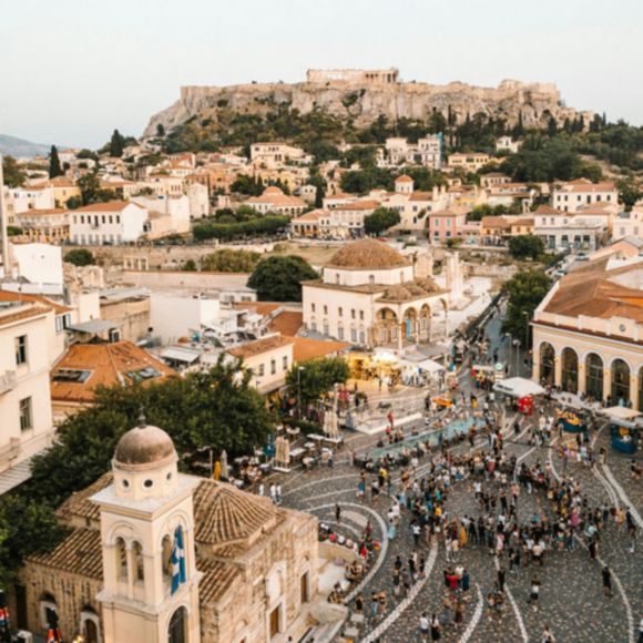 A panoramic view of Monastiraki Square in the historic centre of Athens, Greece, linking to BA High Life site.