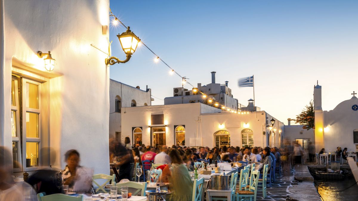 Meal in Naousa harbour in Paros Greece.