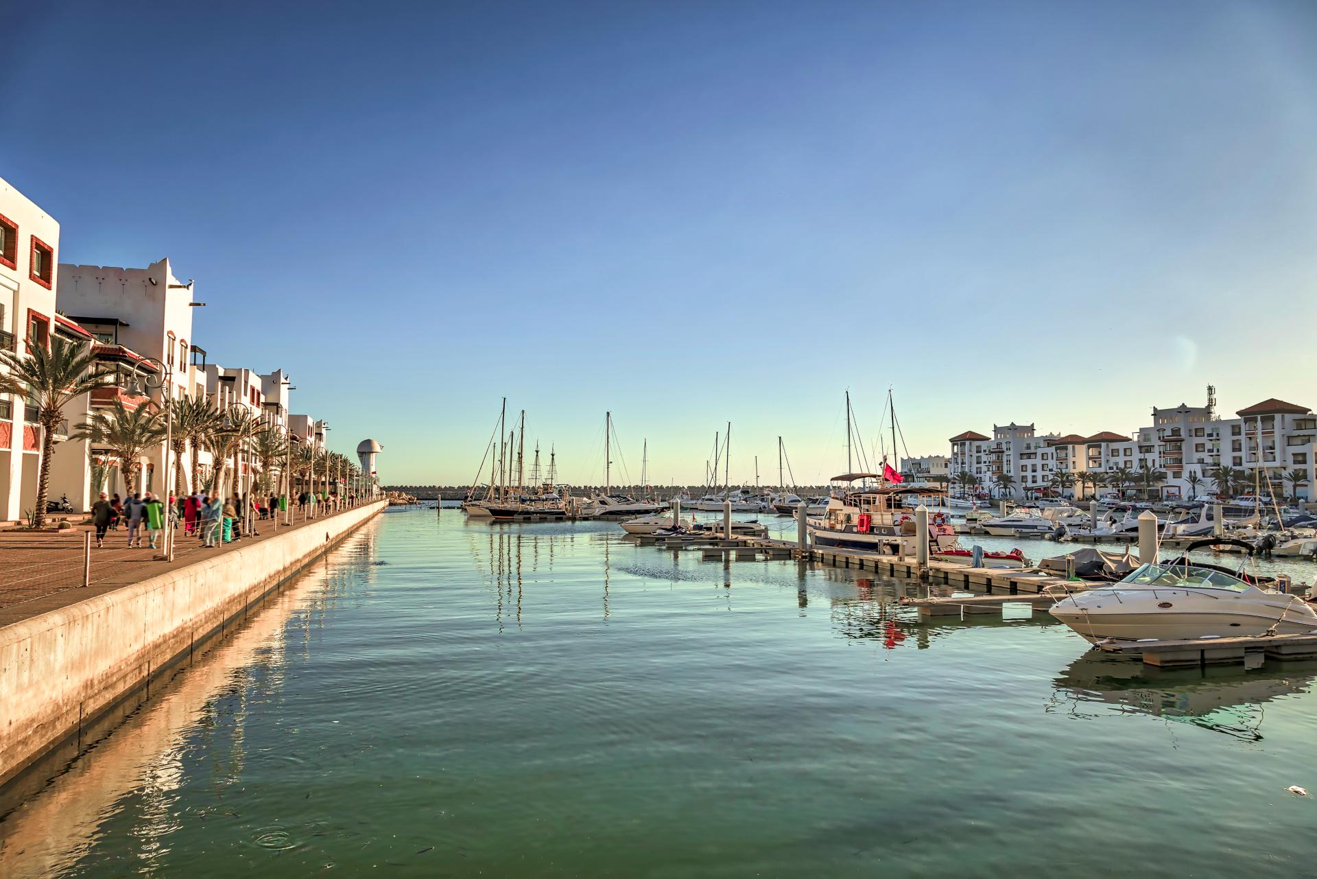 View of the Agadir Marina at sunset.