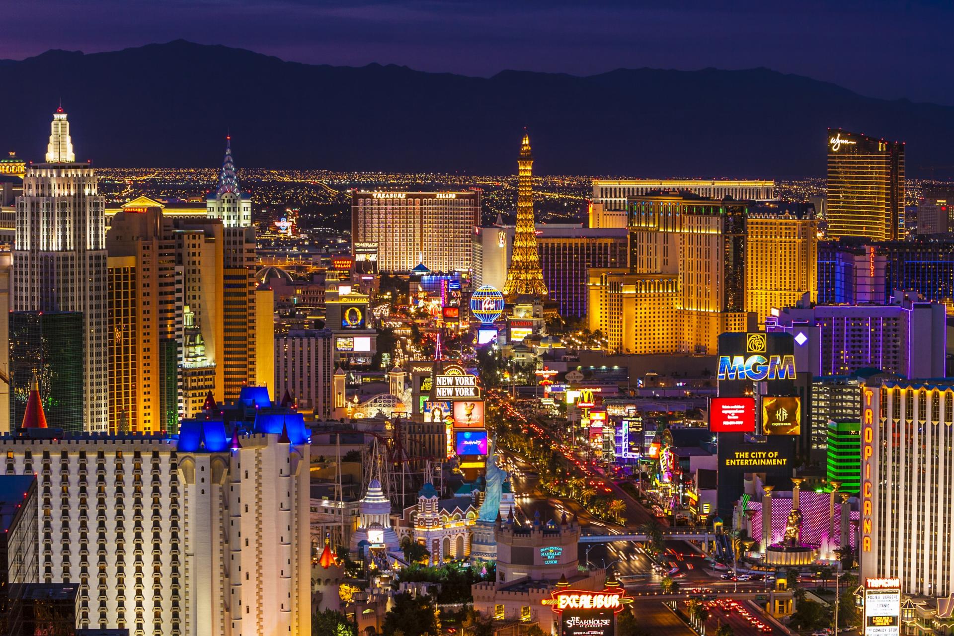 Illuminated cityscape of the strip at night in Las Vegas.