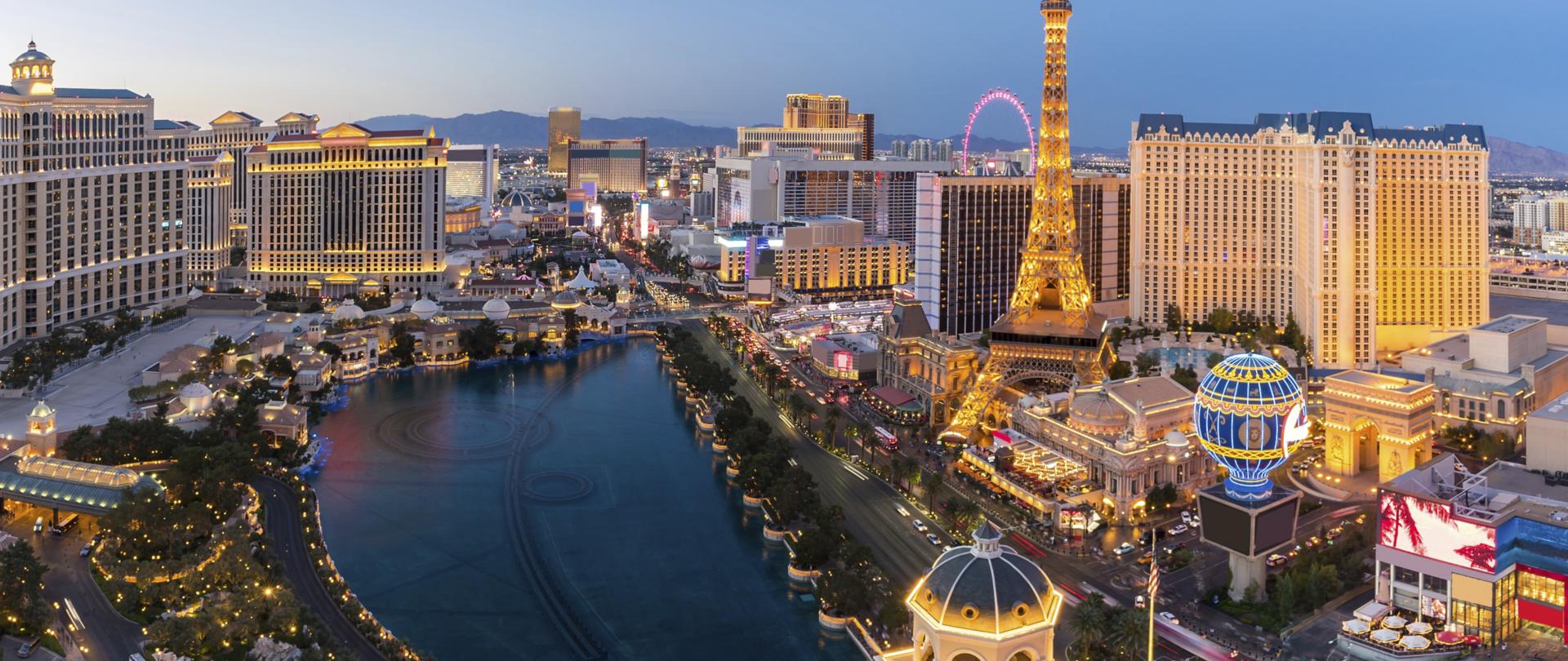 Aerial view of Las Vegas strip at night.