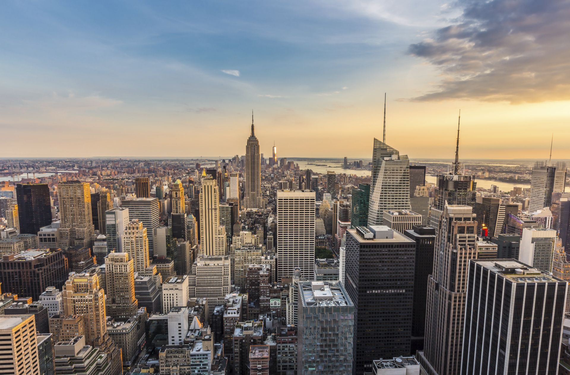 Manhattan skyline facing towards the Empire State Building in New York.
