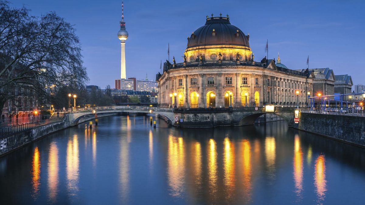 Museum Island at night in Berlin.