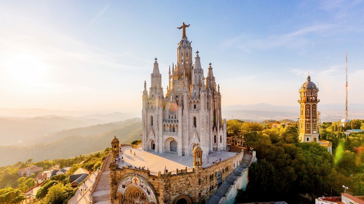Barcelona skyline with Sagrat Cor temple in Catalonia.