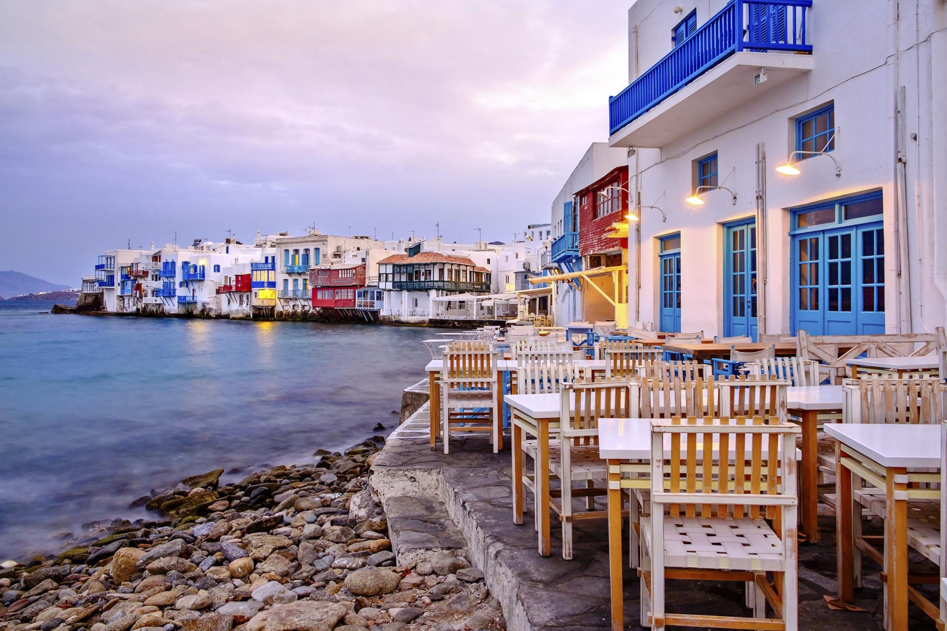 Beautiful sunrise at Little Venice on Mykonos island in Greece.