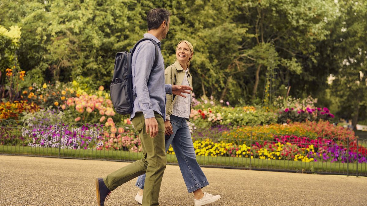 Two adults walking in St James Park in London.