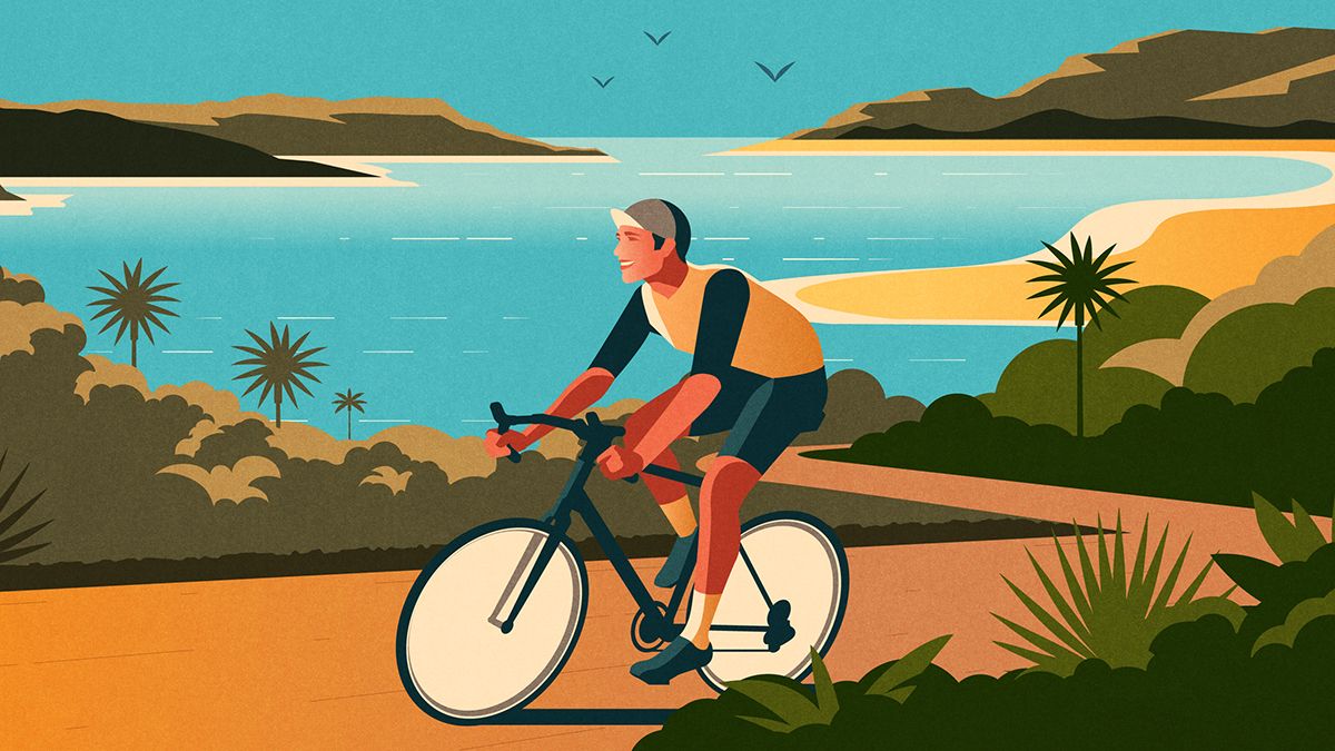 An illustration of a happy cyclist in Cornwall, links to BA High Life .com.