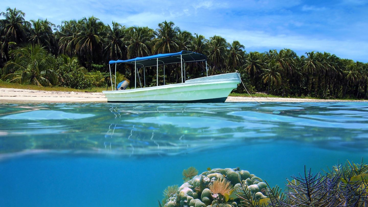 Surface and underwater view with boat, corals and tropical fish in caribbean sea in Costa Rica.