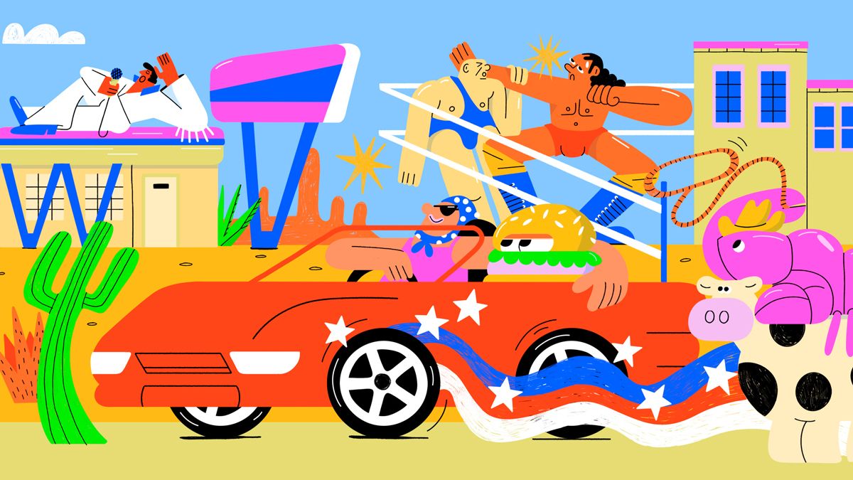 A colourful illustration of various landmarks to be spotted on a big American road trip, links to BA High Life .com.