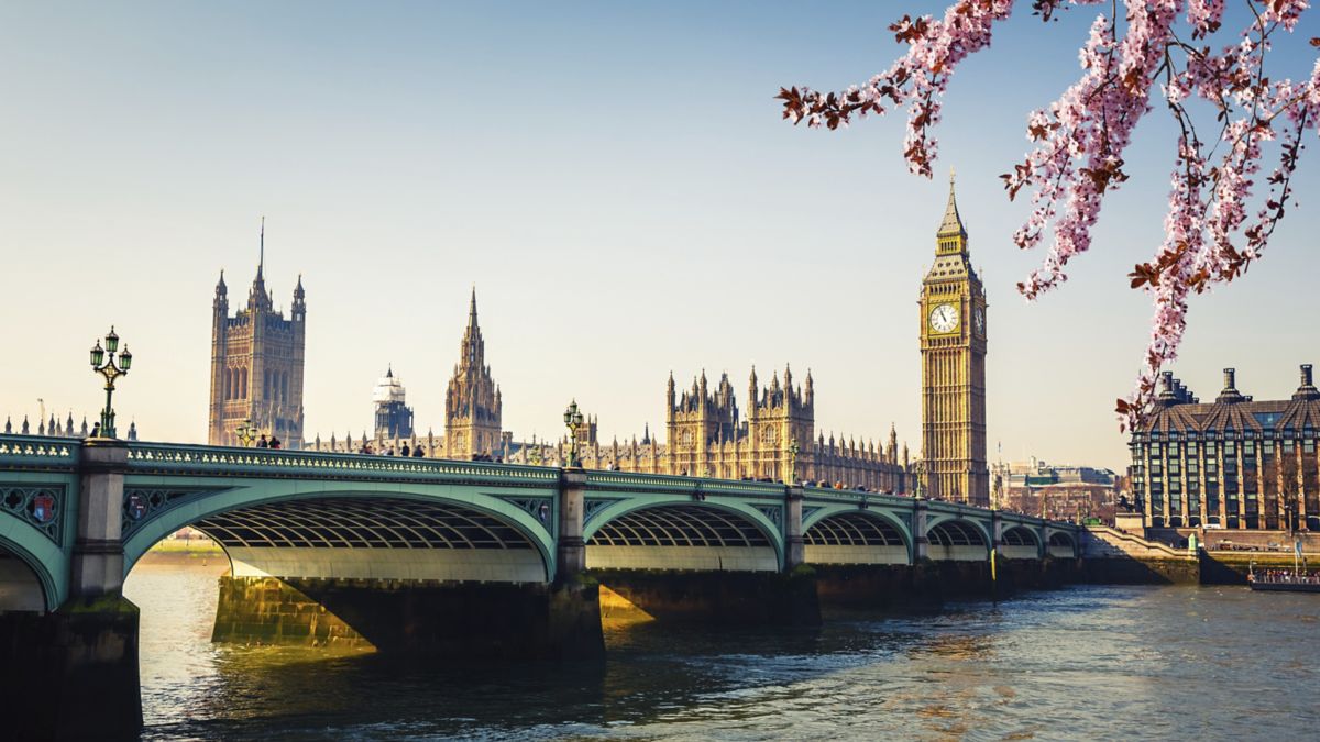 Westminster Bridge, Houses of Parliament and Big Ben in London at spring.